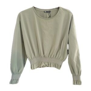 Zara Long Sleeve Crop Shirt M Olive Green Trendy Casual Boho Romantic